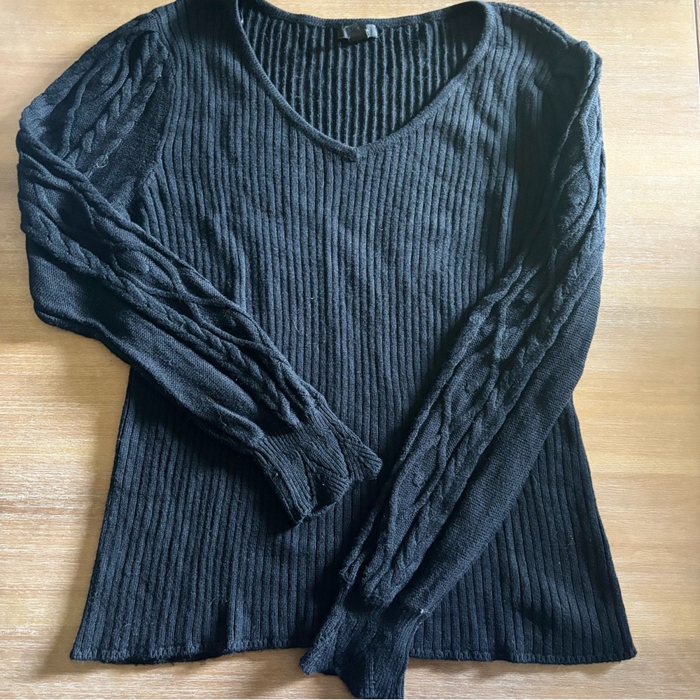Halogen Mixed Stitch Long Sleeve V-neck Ribbed Pullover Sweater, Black, Sz Large
